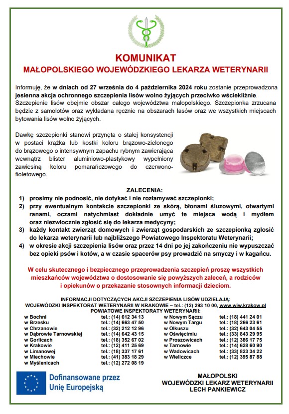 komunikat Małopolskiego Wojewódzkiego Lekarza Weterynarii